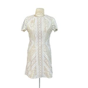Eliza J. Crochet‎ Lace Short Sleeve Sheath Mini Dress Geometric Ivory/Nude 12